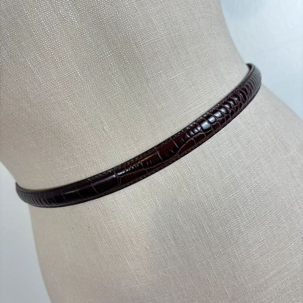 Tanner Italian Leather Crocodile Embossed Slim Cinch Belt Med Brown Adjustable
